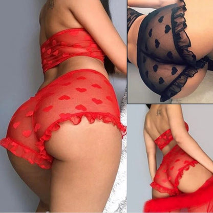 Lencería Sexy Babydoll de Encaje con Sujetador y Bragas Altas con Volantes - Conjunto de Lencería de Moda para Mujer, Ropa Interior Erótica