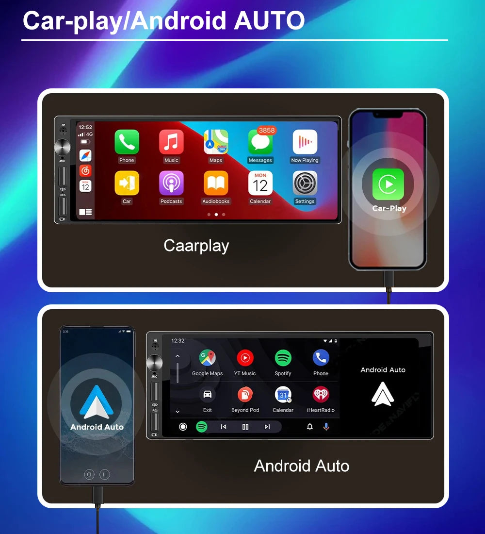 Reproductor Multimedia de Automóvil IPS 6.9" 1 DIN - CarPlay y Android Auto, Bluetooth, USB, MP5 Player sin DVD