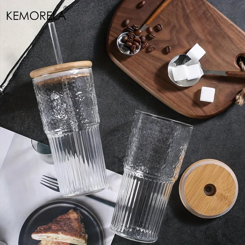 Vaso de Vidrio Acanalado 500/600ml con Tapa y Paja | Vaso para Cócteles, Cerveza, Café Helado, Jugo, Té y Agua