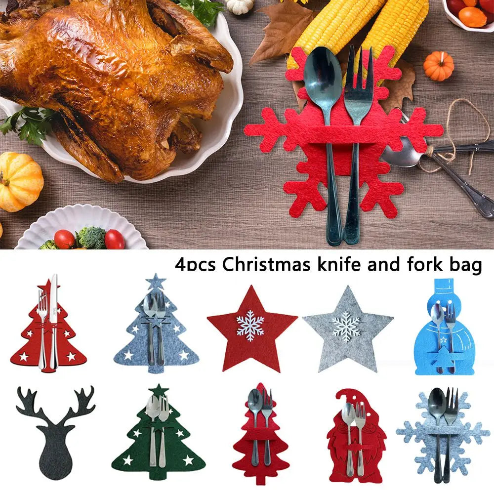 Decoraciones de Mesa para Fiestas: Soporte para Cuchillos y Tenedores de Santa Claus - Adornos Navideños para la Mesa (4 Piezas)