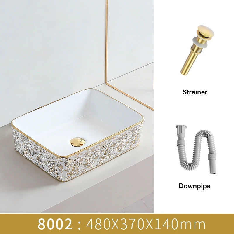 Juego de Lavabos de Cerámica con Diseño de Flores | Lavabo Sobre Encimera en Acabado Dorado para Baño