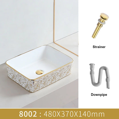 Juego de Lavabos de Cerámica con Diseño de Flores | Lavabo Sobre Encimera en Acabado Dorado para Baño