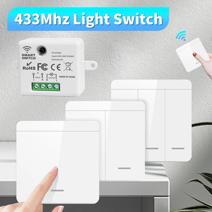 Interruptor de Luz Inalámbrico RF 433MHz con Receptor y Control Remoto - Panel de Pared 1/2/3 Gang para Bombillas LED y Candelabros 10A