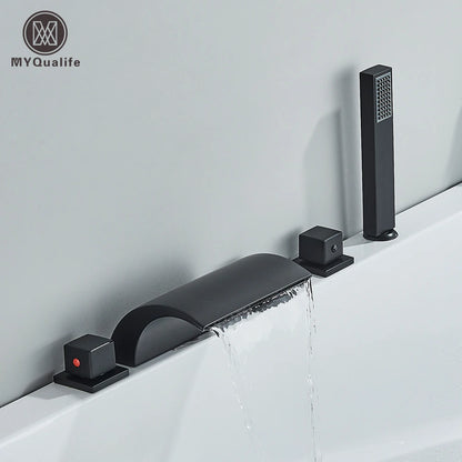 Grifo de Baño de Cascada en Latón Negro - Mezclador Widespread con Tres Manijas para Agua Caliente y Fría