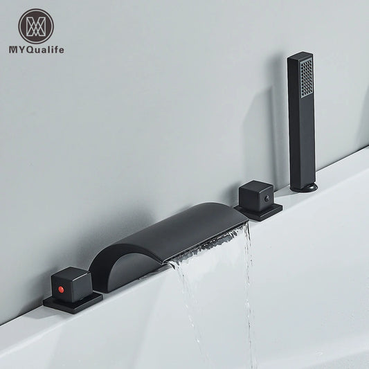 Grifo de Baño de Cascada en Latón Negro - Mezclador Widespread con Tres Manijas para Agua Caliente y Fría