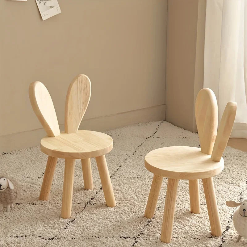 Taburete Pequeño Creativo con Orejas de Conejo para Niños | Silla Decorativa de Madera Maciza