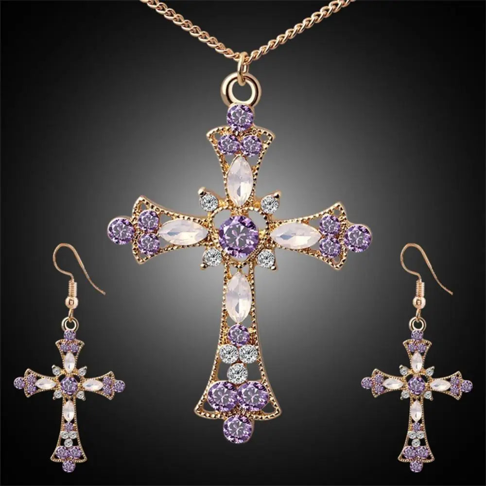 Set de Joyas para Mujer - Collar con Colgante de Cruz Incrustado con Brillantes y Aretes - Elegancia para Fiesta y Boda