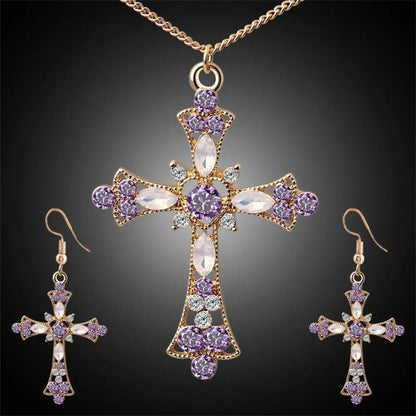 Set de Joyas para Mujer - Collar con Colgante de Cruz Incrustado con Brillantes y Aretes - Elegancia para Fiesta y Boda