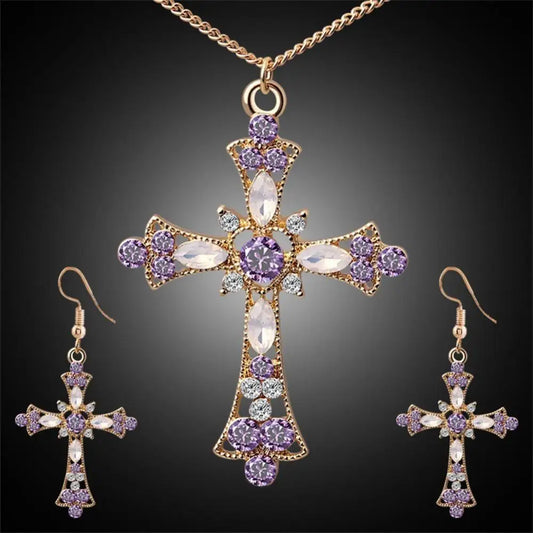 Set de Joyas para Mujer - Collar con Colgante de Cruz Incrustado con Brillantes y Aretes - Elegancia para Fiesta y Boda