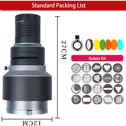 Conical Optical Snoot Photo Studio Accessory for LED Light Flash Strobe Light with Lens Bowens Mount 20 Gobos