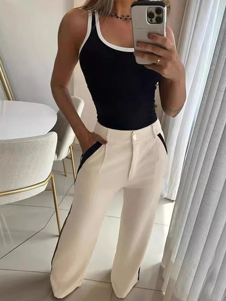 Conjunto Casual de Dos Piezas para Mujer: Top Sin Mangas y Pantalones a Rayas, Moda Primavera