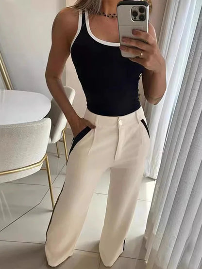 Conjunto Casual de Dos Piezas para Mujer: Top Sin Mangas y Pantalones a Rayas, Moda Primavera