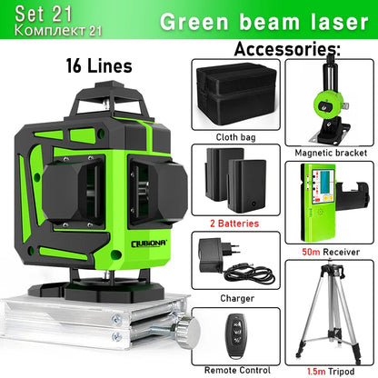 Clubiona Nivel Láser 16/12 Líneas Verde Autonivelante 360° Horizontal y Vertical, Rayo Verde Súper Potente, Herramienta de Nivelación con Modo de Pulso