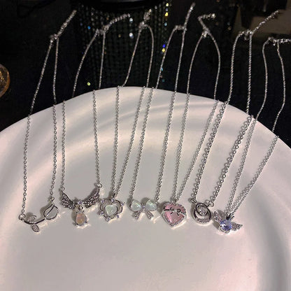 Collar de Pendant de Cristal Y2K con Lazo y Alas de Ángel - Joyería Aesthetic para Mujeres, Cadena Clavicular Trendy
