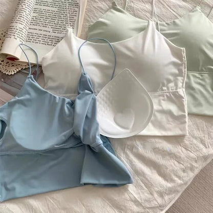 Top Corto Sexy para Mujer, Camiseta sin Mangas de Hombros Caídos con Bra Integrado, Ice Silk Camisole, Sutil y Fresco para Verano
