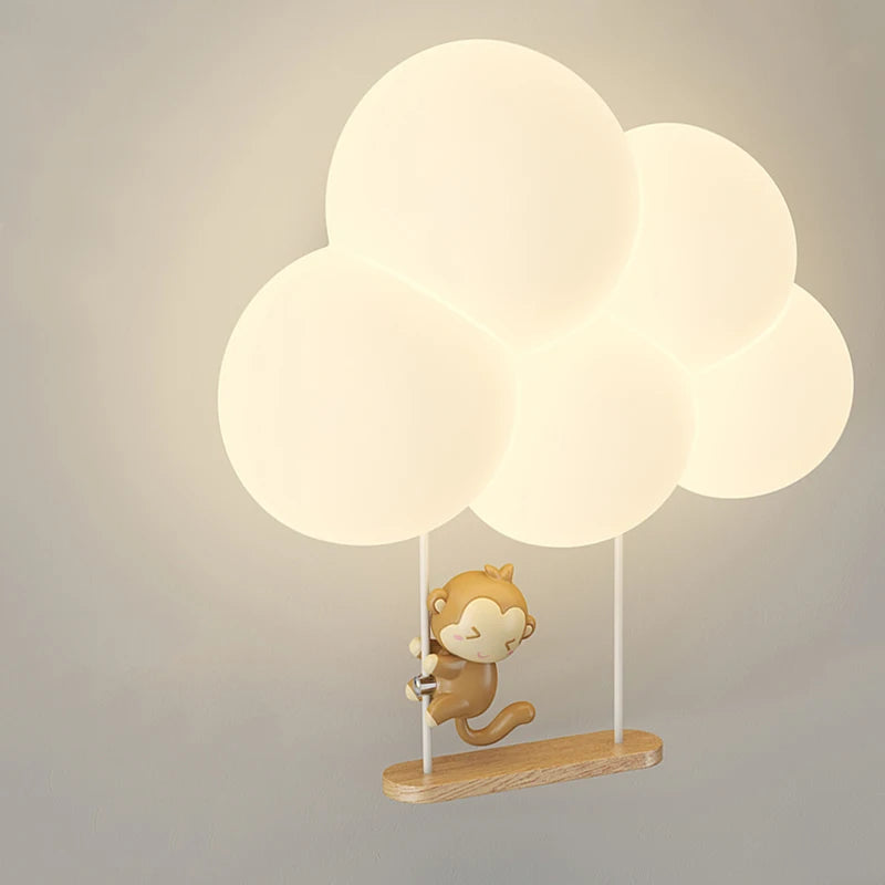 Lámpara de Pared de Animales de Dibujos Animados de Mono, Candelabro de Nube Blanca, Luz Nocturna para Guardería y Dormitorio Infantil
