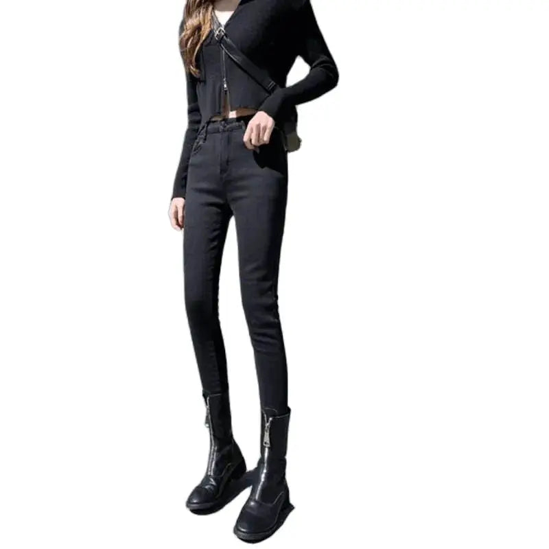 Pantalones vaqueros cálidos de invierno para mujer, vaqueros gruesos elásticos, informales, 2023