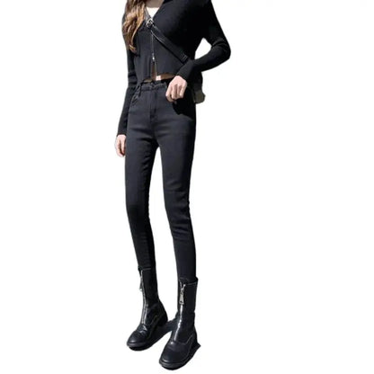 Pantalones vaqueros cálidos de invierno para mujer, vaqueros gruesos elásticos, informales, 2023