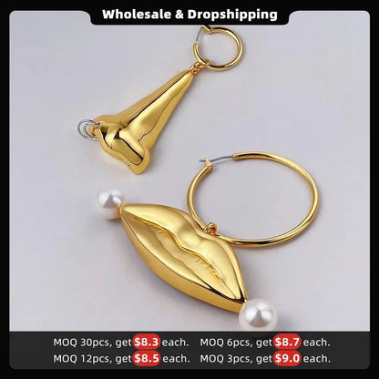 Pendientes Exagerados de Nariz y Labios para Mujer | Joyería de Moda Dorada ENFASHION, E221388, 2022