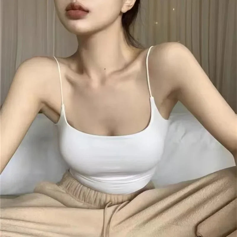 Top Corto Sexy para Mujer, Camiseta sin Mangas de Hombros Caídos con Bra Integrado, Ice Silk Camisole, Sutil y Fresco para Verano