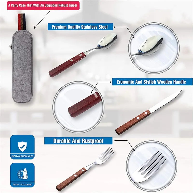 Utensilios de viaje de acero inoxidable con estuche, saludable y ecológico, tamaño completo, tenedor, cuchara, juego de utensilios portátiles con bolsa de almacenamiento