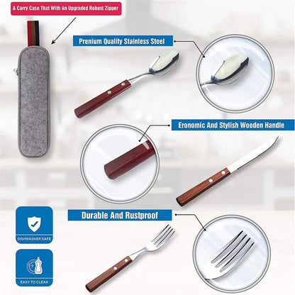 Utensilios de viaje de acero inoxidable con estuche, saludable y ecológico, tamaño completo, tenedor, cuchara, juego de utensilios portátiles con bolsa de almacenamiento
