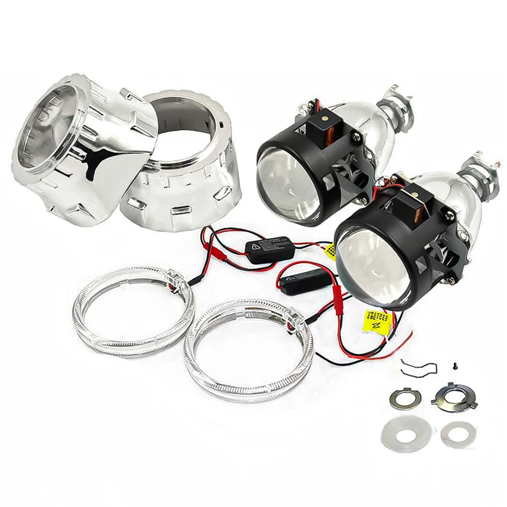 Kit de Lente Proyector Bi Xenón de 2.5 Pulgadas con DRL LED y Ojos de Ángel - Compatible con Modelos H1, H4 y H7