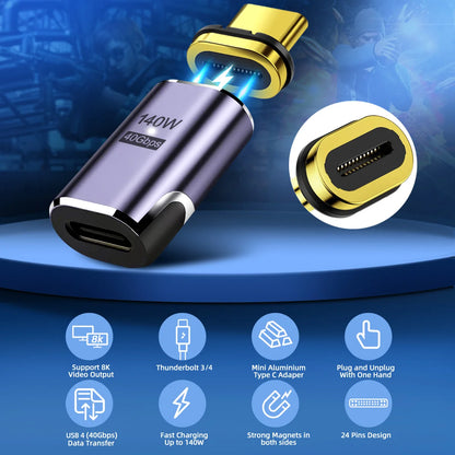 Adaptador Magnético USB C a USB C USB4.0 Thunderbolt 3 | Carga Rápida 140W y Transferencia de Datos 40Gbps | Soporta 8K@60Hz