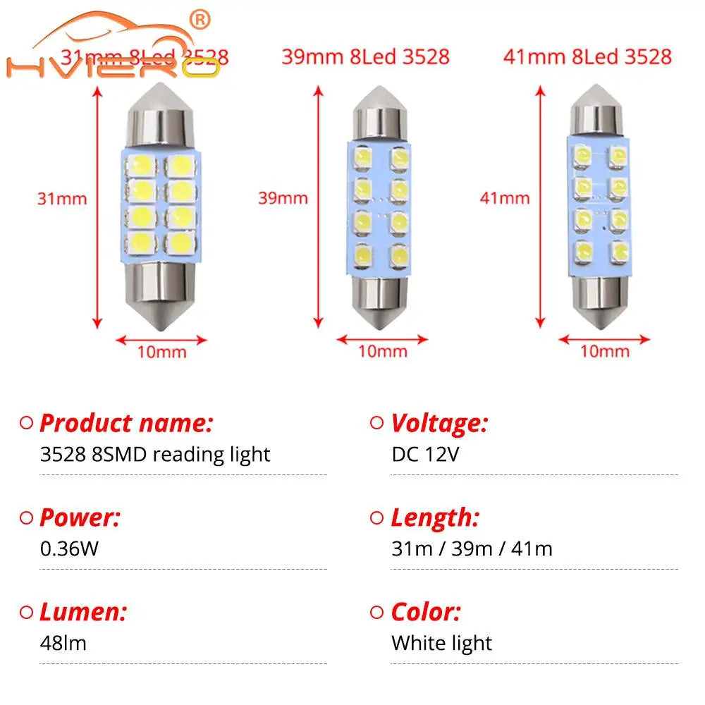 5 Pcs Luces LED T10 3528 1210 Blancas 8SMD para Coche, Bombillas Domos de 31mm 39mm 41mm, Iluminación Interior y Trunk DC 12V