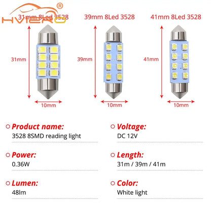 5 Pcs Luces LED T10 3528 1210 Blancas 8SMD para Coche, Bombillas Domos de 31mm 39mm 41mm, Iluminación Interior y Trunk DC 12V