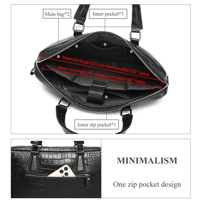 Maletín de Cuero Genuino SCHLATUM con Estampado de Cocodrilo para Laptop de 15.6 Pulgadas, Maletín de Negocios de Lujo
