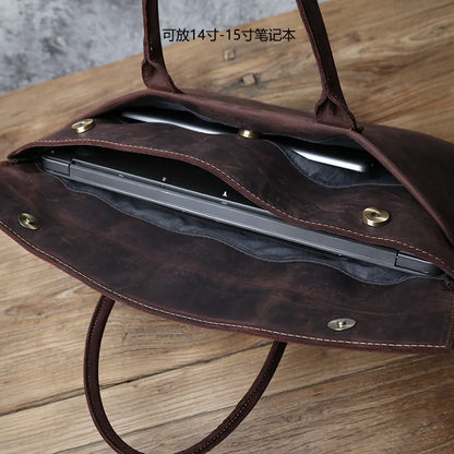NZPJ Retro Men's Briefcase - Maletín de Cuero Crazy Horse para Laptop de 15 a 16 Pulgadas, Bolso Casual y de Negocios