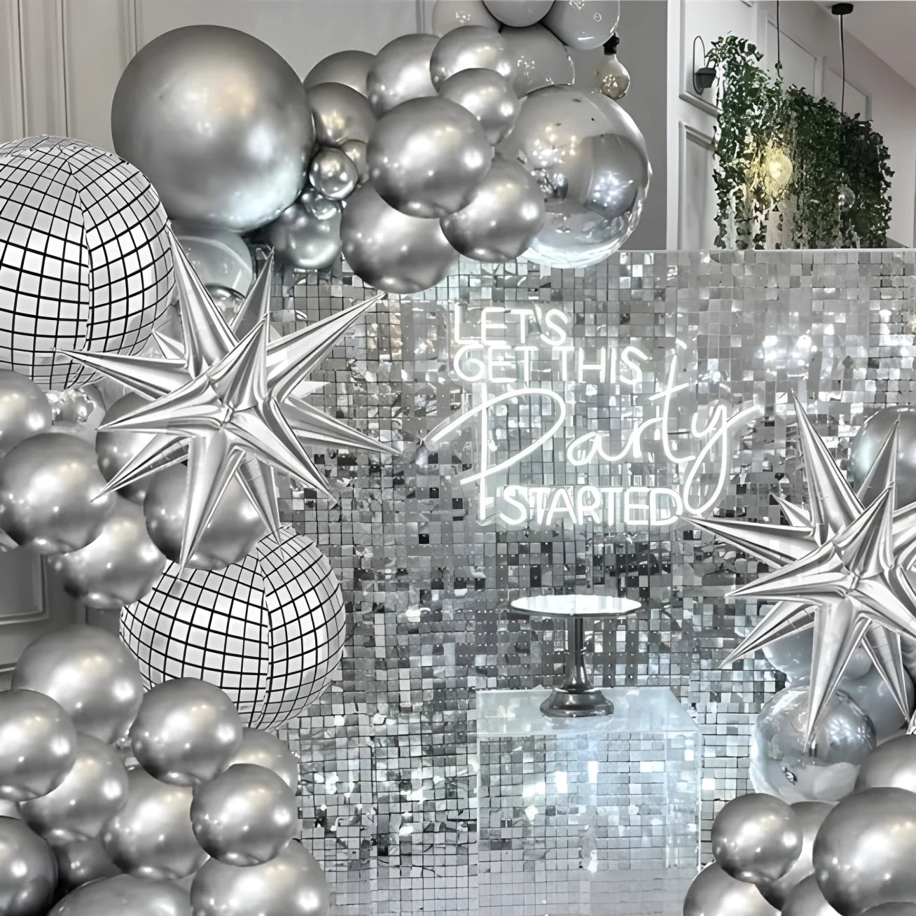 Juego de Anillos de Flores Arqueadas de Globo Plateado de Discoteca - Decoración con Fondo de Borla Metálica para Fiestas de Cumpleaños 2024