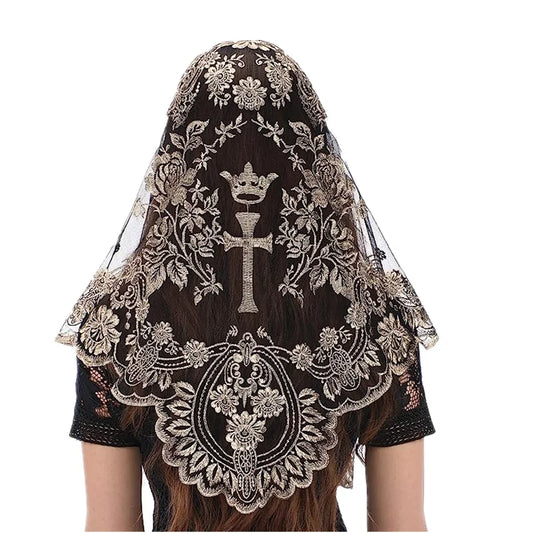 Velo de Iglesia Católica con Bordado de Cruz para Mujer, Cubierta de Cabeza Nupcial, Mantón de Encaje Triangular de Estilo Español