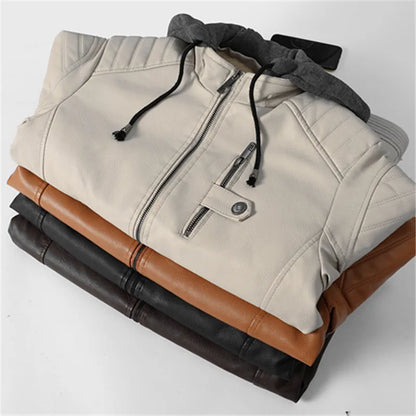 Chaqueta de cuero con forro polar para hombre, abrigos de cuero Pu con capucha, ropa informal para motocicleta, Otoño e Invierno