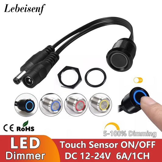 Controlador Dimmer Táctil LED 1CH, 72W/144W, 6A, 12V/24V DC, Conector 5.5*2.1mm, Carcasa Metálica, Interruptor Empotrado