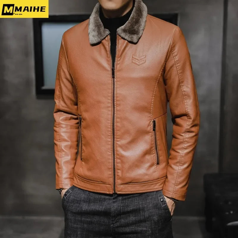 Chaqueta de Cuero de Marca para Hombre - Abrigo de Motocicleta a Prueba de Viento con Cuello de Piel Engrosada