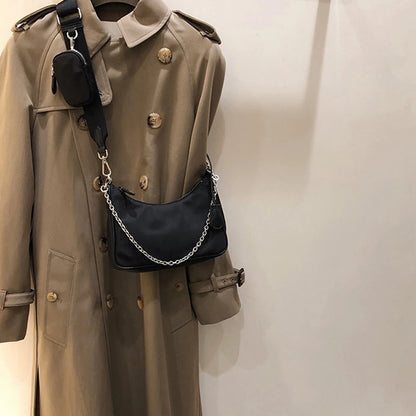 Bolso informal de nailon impermeable para mujer, bandolera pequeña con cadena negra, a la moda