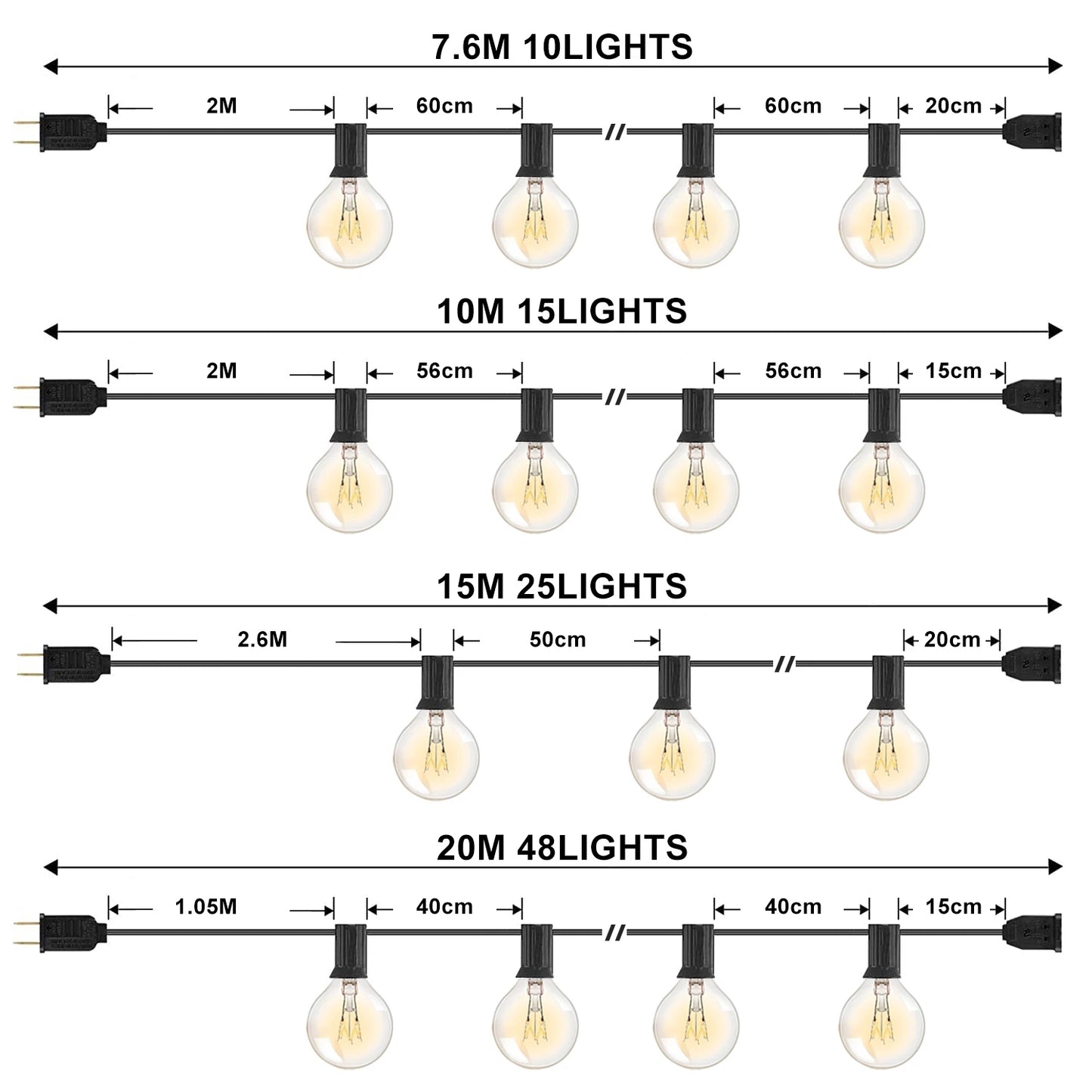 Cadena de luz de tungsteno G40 para exteriores, bombillas incandescentes, globo incandescente, enchufe europeo y estadounidense, 7W, resistente al agua IP44, cadena de luz de hadas