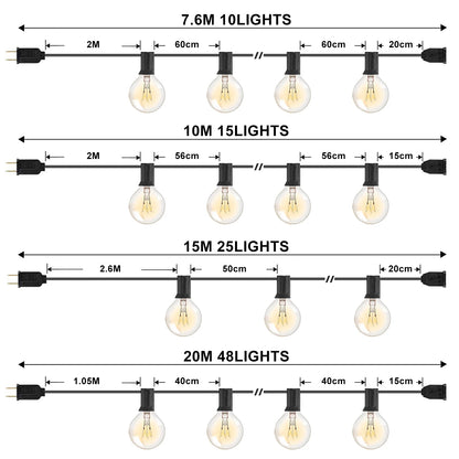 Cadena de luz de tungsteno G40 para exteriores, bombillas incandescentes, globo incandescente, enchufe europeo y estadounidense, 7W, resistente al agua IP44, cadena de luz de hadas