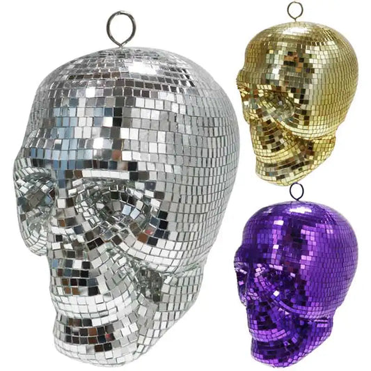 Bola de Discoteca Colgante de Calavera Plateada, Dorada y Púrpura - Adorno Reflectante de Espejo para Decoración Interior