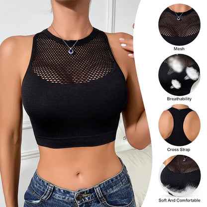 Top Corto de Red para Mujer, Tank Top Sexy con Hombros Descubiertos, Crop Top Deportivo de Malla, Chaleco Casual Chic y Ajustado