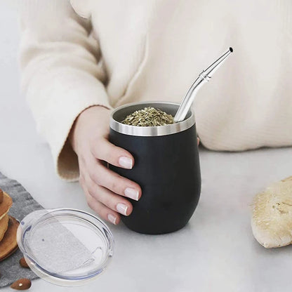 Juego de té Mate de acero inoxidable de doble pared, tazas de café, taza de té Mate con tapa, cuchara, Pajita, cabezal de Bombilla, cepillo de filtro