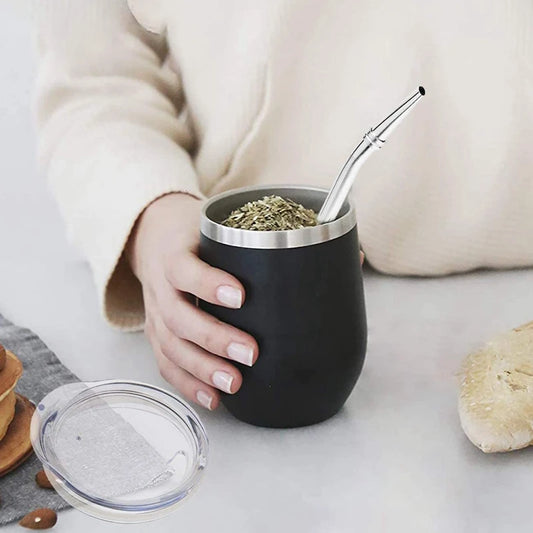 Juego de té Mate de acero inoxidable de doble pared, tazas de café, taza de té Mate con tapa, cuchara, Pajita, cabezal de Bombilla, cepillo de filtro
