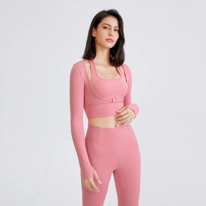 Camiseta Deportiva de Manga Larga para Mujer, 2 en 1 Top Corto para Fitness, Entrenamiento, Yoga, Gimnasio