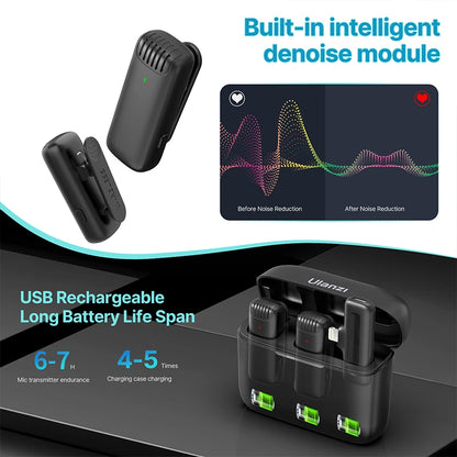 Sistema de Micrófono Inalámbrico Ulanzi J12 para Grabación de Audio y Video, Micrófono Mini Lavalier para iPhone, Android y Transmisiones en Vivo
