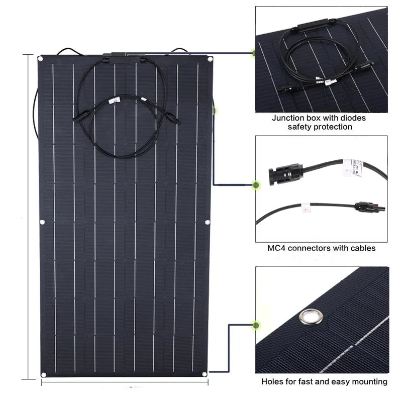 Kit de Panel Solar 600W/300W - Celdas Solares Monocristalinas Flexibles de 18V para Cargar Dispositivos al Aire Libre de Manera Eco-Amigable