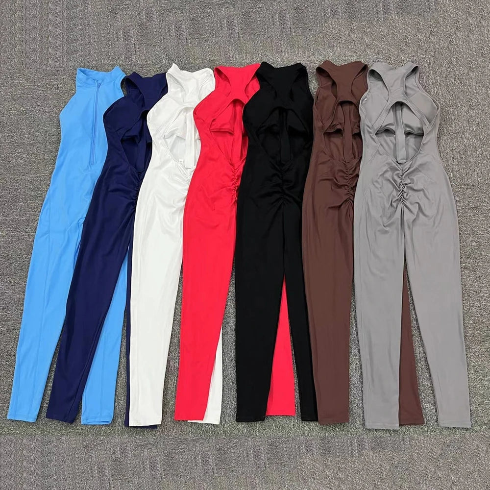 Chándal con cremallera para mujer, conjunto de Yoga con almohadilla, mono de una pieza, mallas de entrenamiento, peleles, deporte, gimnasio, traje activo, ropa de ejercicio, 2024