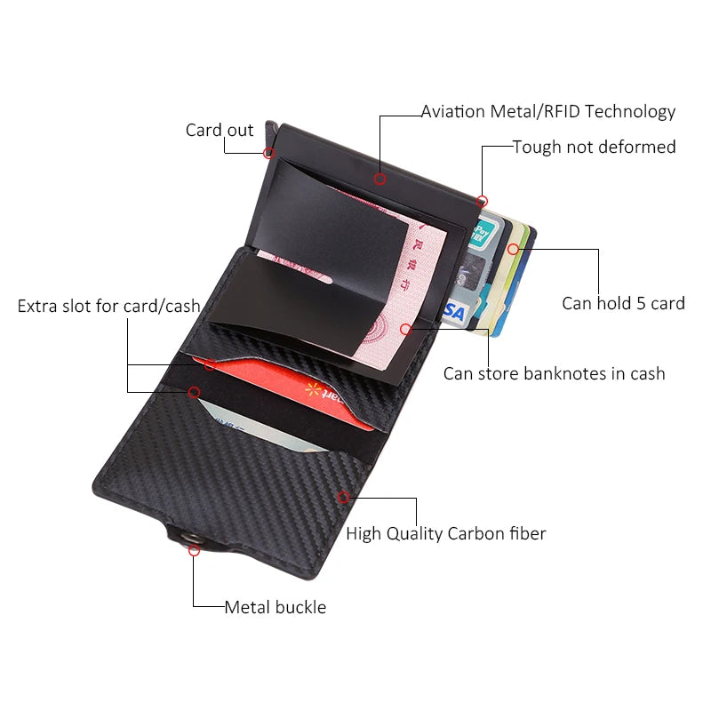 Carbon Fiber Rfid Card Holder Men Wallets Money Bag Zipper Coin Purse Small Leather Mini Slim Wallets Vallet Carteira Masculina