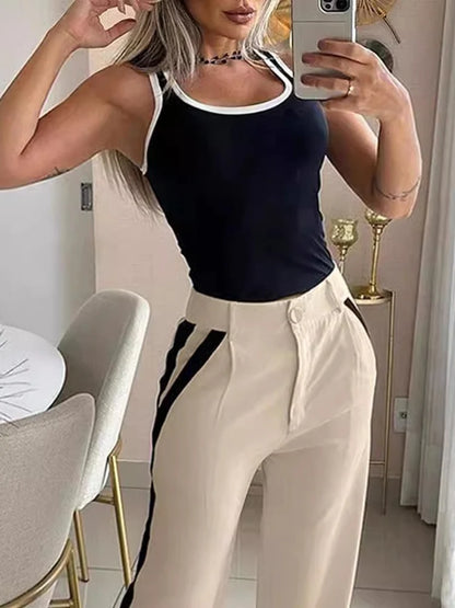 Conjunto Casual de Dos Piezas para Mujer: Top Sin Mangas y Pantalones a Rayas, Moda Primavera